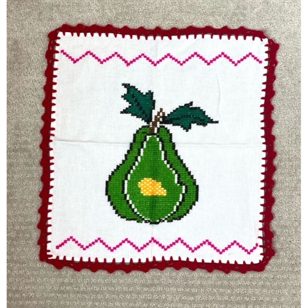 Vintage Handmade Cross-Stitch Pear Tea Towel with Red Crochet Border 17x17